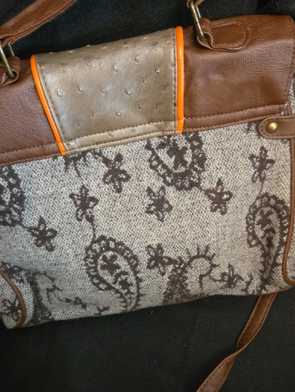 Textured Brown and Orange Embroidered Crossbody Satchel
